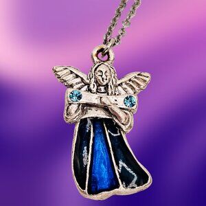 Vintage-Style Silver Angel Pendant Necklace with Blue Enamel Dress